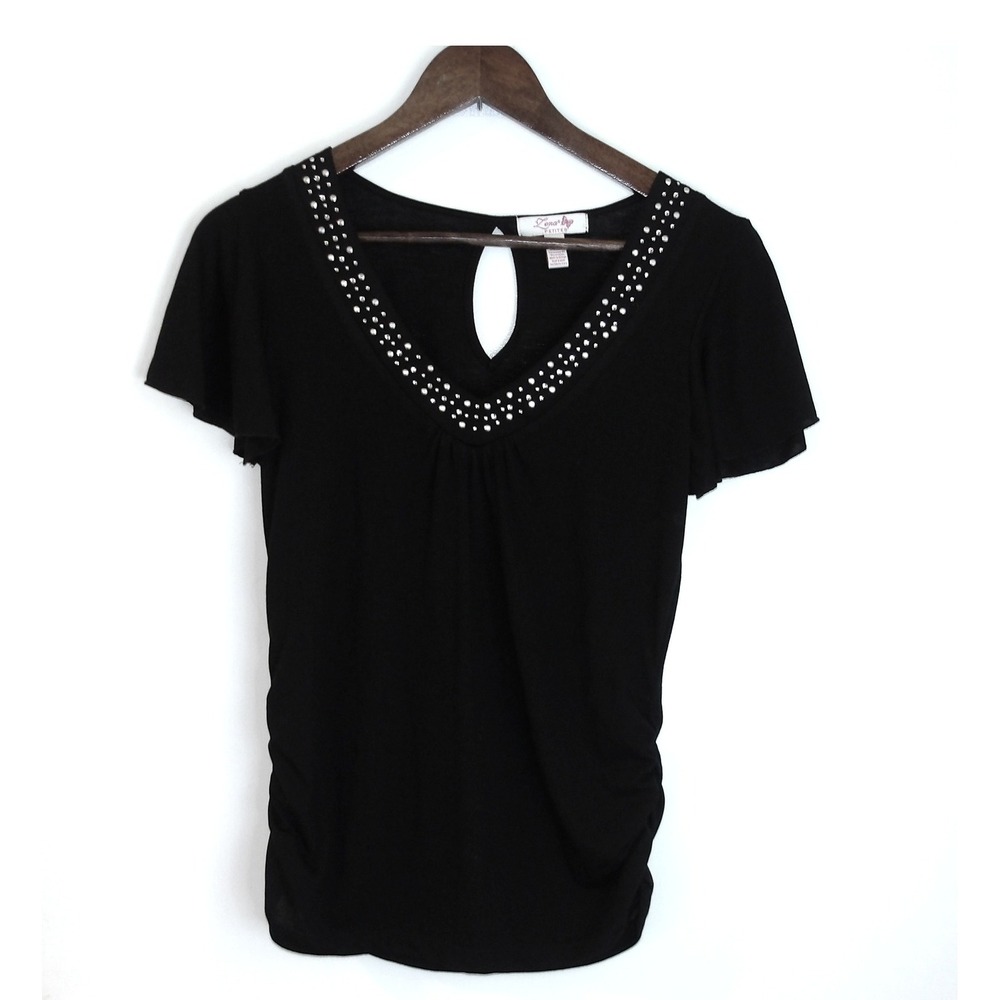 Zena‎ Petites Black Top Rhinestone Keyhole Casual Party Blouse Size S / #5282